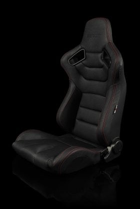 Braum Elite Black Leatherette Carbon Fiber Mixed Sport Reclining Seats - Red Stitches - Pair