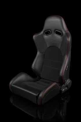 Braum Advan Black Leatherette Black Insert Fabric Carbon Fiber Mixed Sport Reclining Seats - Red Stitches - Pair