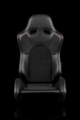 Braum Advan Black Leatherette Black Insert Fabric Carbon Fiber Mixed Sport Reclining Seats - Red Stitches - Pair